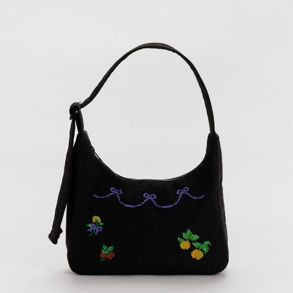 BAGGU Handbags - BAGGU Black Embroidered Shoulder Bag with Colorful Stitching